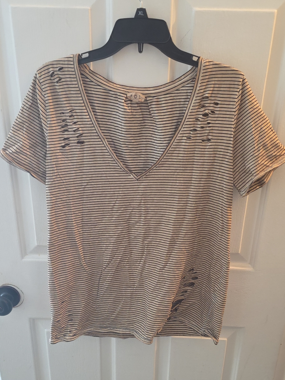 POL Striped V-Neck Distressed Tee - Beige/Black